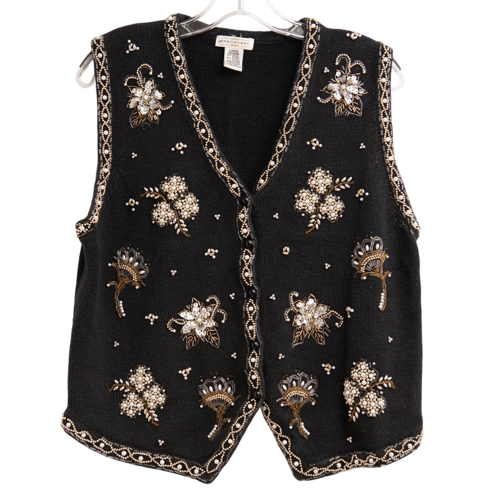 Vintage Beaded Sweater Vest Sz L Shabby Chic GrannyCore Festive Coquette Floral